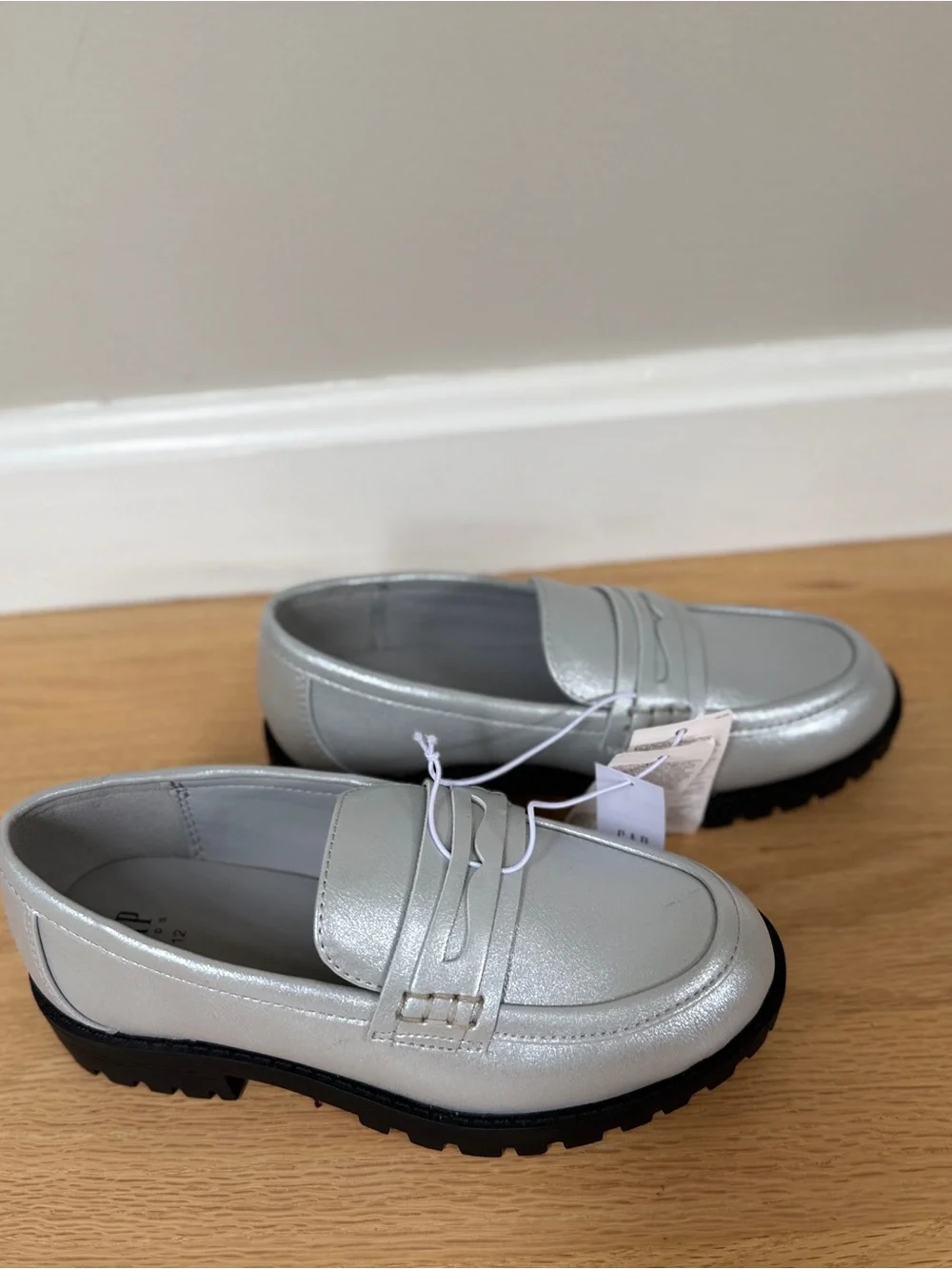 GAP Kids Metallic Silver Chunky Lug Sole Penny Loafers - Size 12 (NWT)